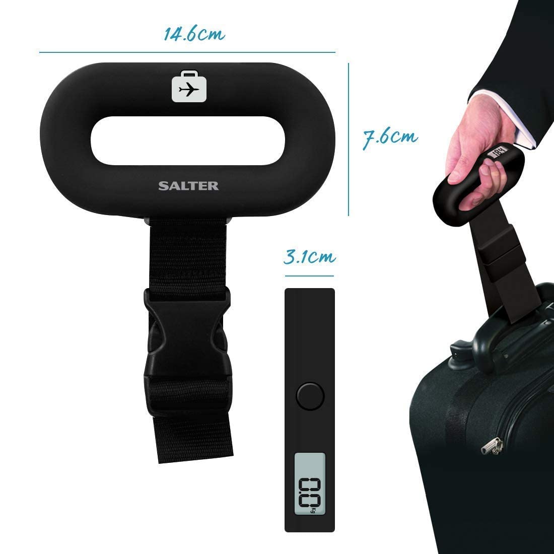 Salter 9500 BKDCTMEU16 Digital Luggage Scale - Portable Suitcase Weighing Scales, Easy Clip On Travel & Baggage/Bag Weight Scale, Max 88lbs/40kg, Battery Included, Soft Touch Handle, Lightweight Single