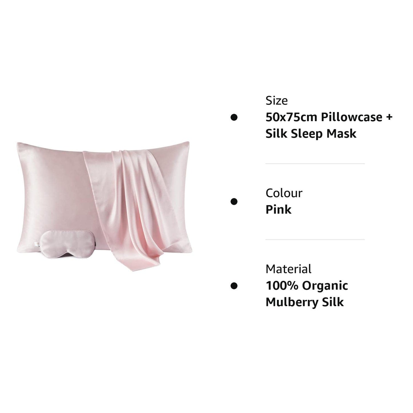 Vespersilk 100% Mulberry Silk Pillowcase & Eye Mask Set for Hair and Skin, Genuine 19Momme, Grade 6A Premium Silk Both Sides, with Hidden Zipper (Standard 50x75cm, Pink) Silk Sleep Mask 50x75cm Pillowcase Set