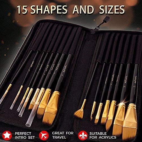 Mont Marte Art Paint Brush Set, 15 Piece. Includes 15 Taklon Bristle Paint Brushes and Easel Wallet with Zip Fastening. Suitable for Acrylic, Oil and Watercolor Painting.