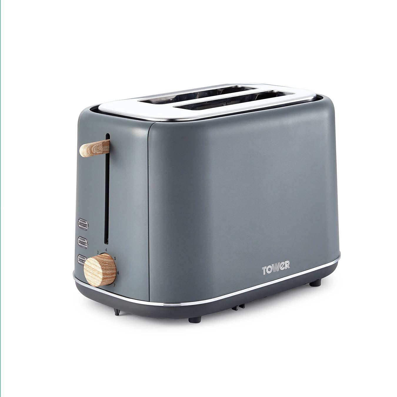 Tower Scandi T20027G 2 Slice Toaster with Adjustable Browning Control, Grey with Wood Accents Single