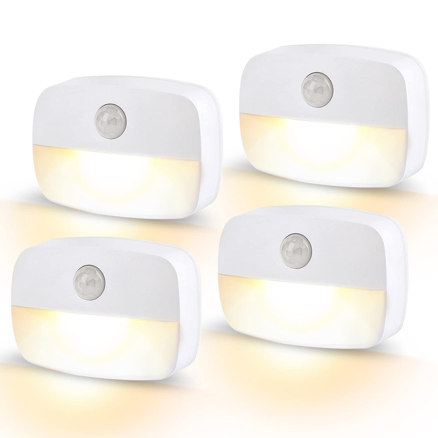 LED Motion Sensor Night Light, [4 Pack] Stick-On Night Light by Battery Powered, Stair Sensor Lights Indoors, Auto/ON/Off Light for Toilet, Hallway, Closet, Kitchen, Children's Room, Warm White light 4 PCS Warm White Night Light