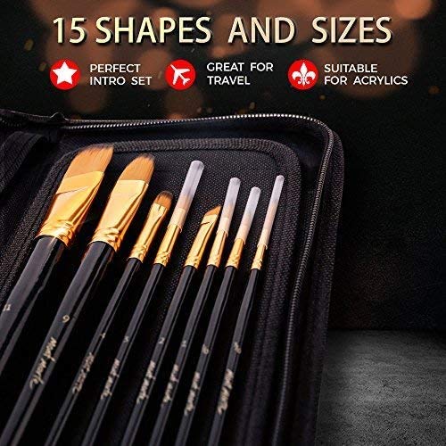 Mont Marte Art Paint Brush Set, 15 Piece. Includes 15 Taklon Bristle Paint Brushes and Easel Wallet with Zip Fastening. Suitable for Acrylic, Oil and Watercolor Painting.