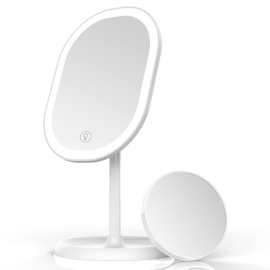 Aidodo Makeup Mirror with LED Lights, Portable and USB Rechargeable Professional Makeup Mirror, Touch Screen Switch, 180 Degree Rotation for Bedroom Makeup Shaving and Travel White