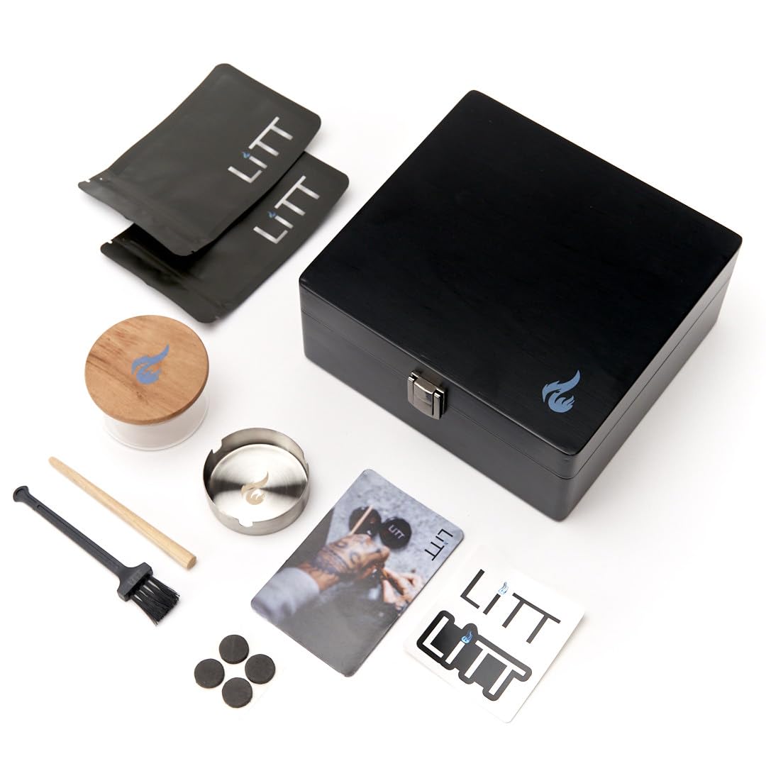 LITT Original Stash Box -Wooden Storage Rolling Box including accessories; airtight smell proof container, bags tray and more the Ultimate Discreet Accessory Organise Your Stash in style- Black