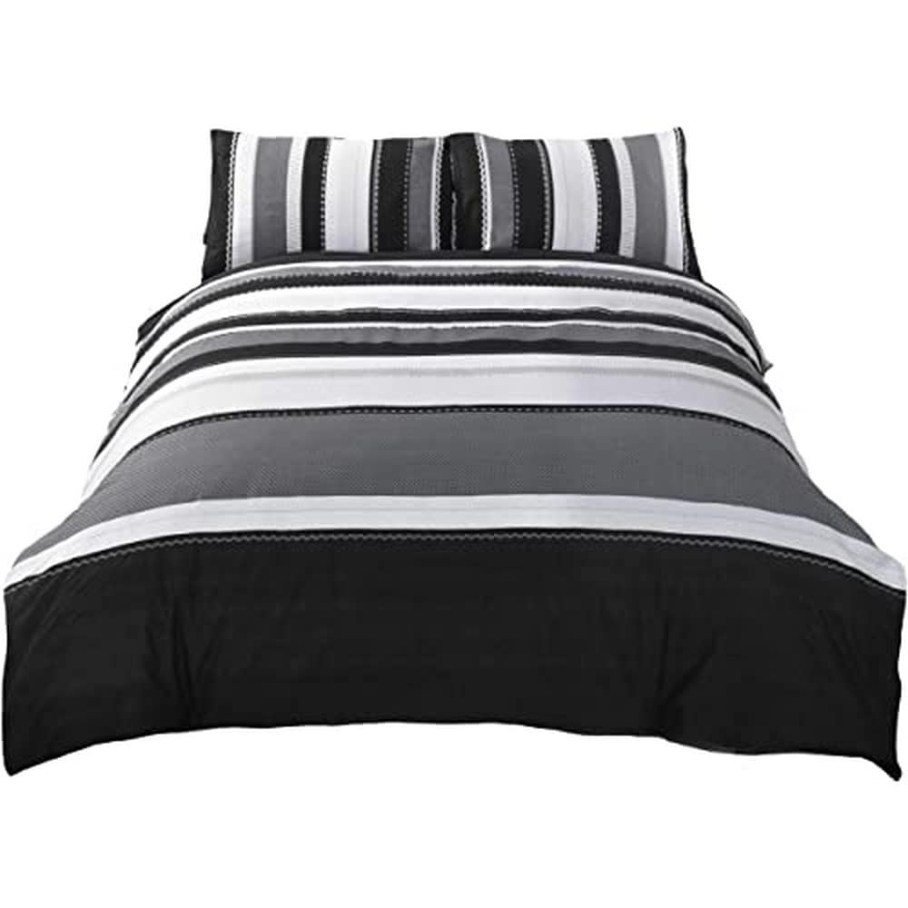 Rapport Striped Quilt Duvet Cover and 2 Pillowcase Bed Set, Cotton and Polyester, Grey, Double