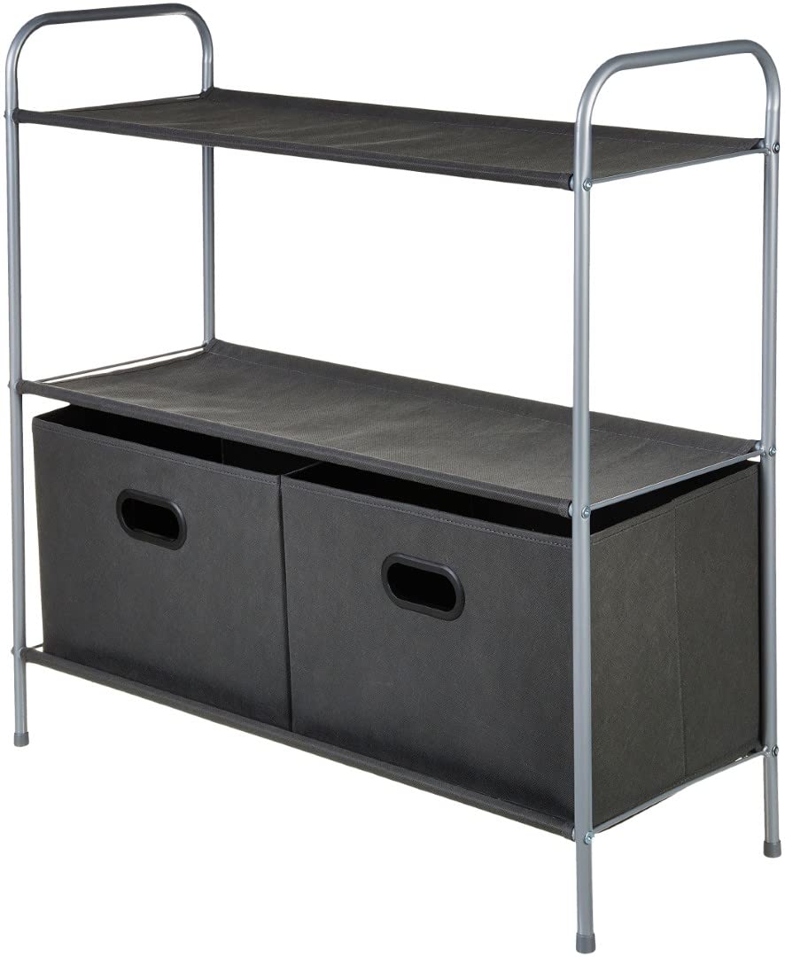 Amazon Basics Closet Storage Organiser Unit with Three Fabric Shelves and Two Collapsible Open-Top Bins, Gray, 83 x 31 x 78.7cm