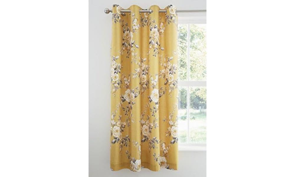 Catherine Lansfield Canterbury Floral 66x72 Inch Lined Eyelet Curtains Two Panels Ochre Yellow Eyelet Curtains- 66x72 Inch