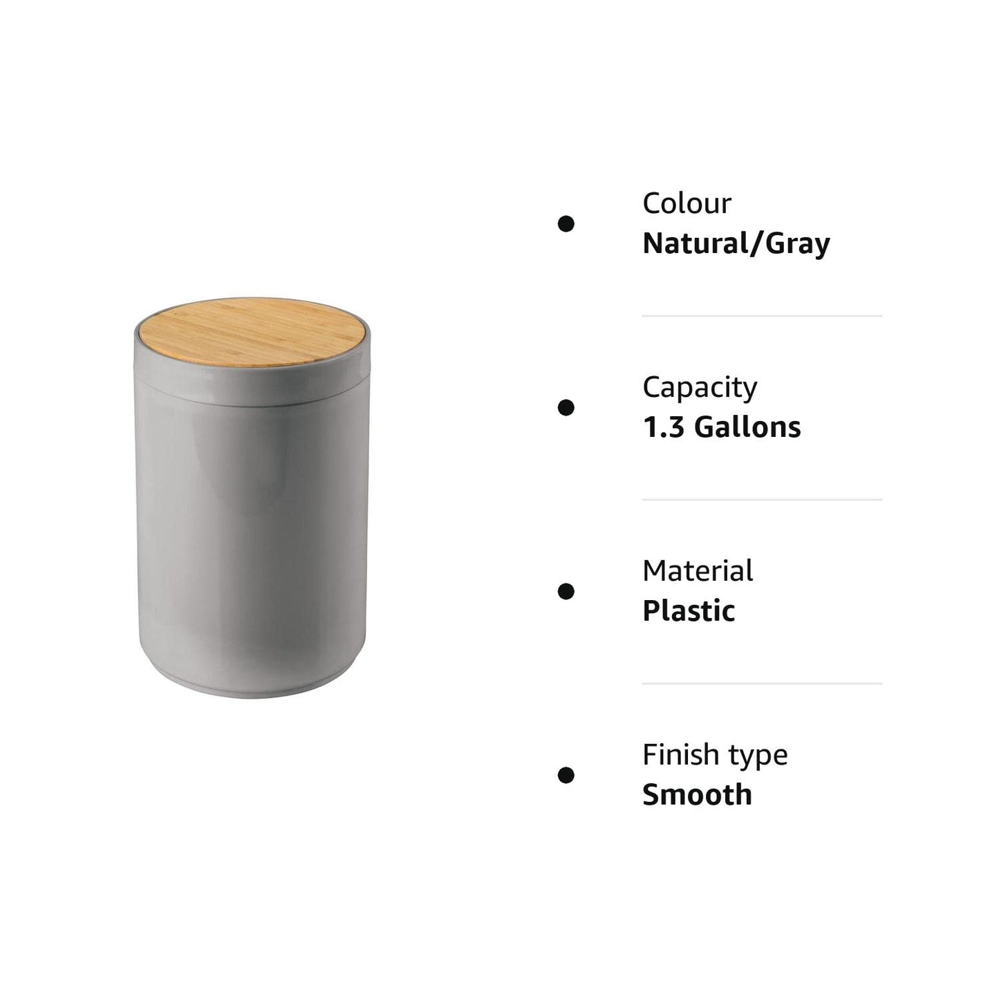 mDesign Swing Lid Bin – Bamboo and Plastic Rubbish Bin for Bathroom or Bedroom – Small Waste Bin with Swing Lid for Easy Access – Grey/Natural Natural/Gray