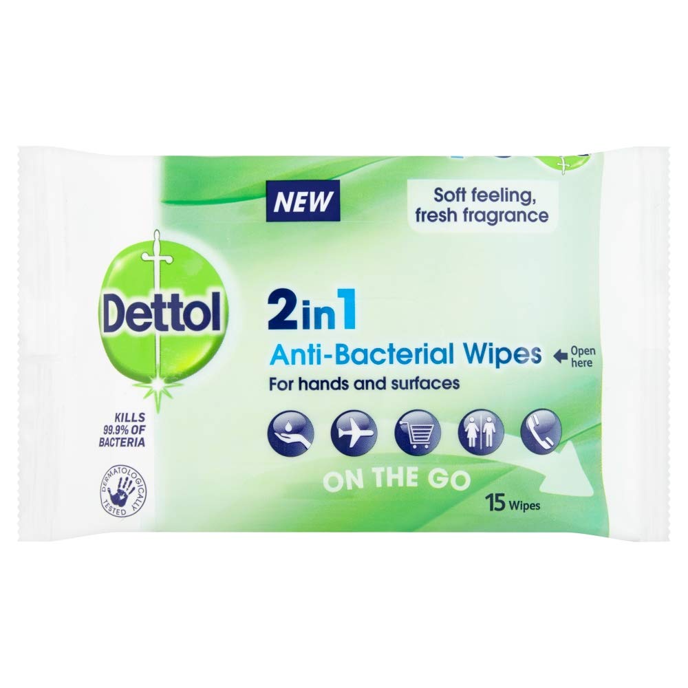 Dettol 2 in 1 Antibacterial Wipes, Hand And Surface On The Go Wipes, Total 135 Wipes (9 Packs x 15 Wipes)