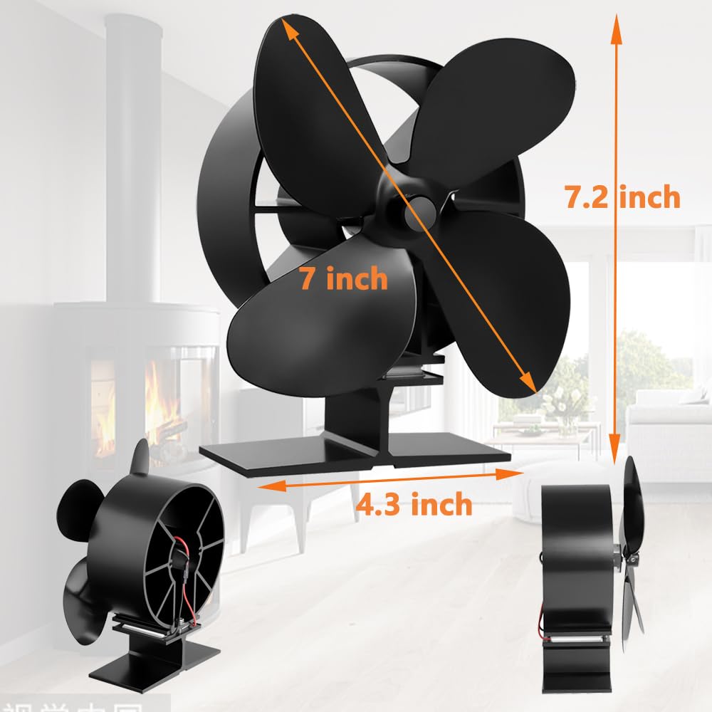 Wood Stove Fan 4 Blades Silent Operation Wood/Log Burner/Fireplace- Color Black