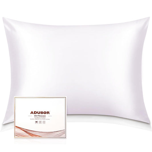 Adubor Silk Pillowcase for Hair and Skin with Hidden Zipper, Both Side 23 Momme Silk,900 Thread Count (50x75CM, White, 1pc) Queen: 20''X30''