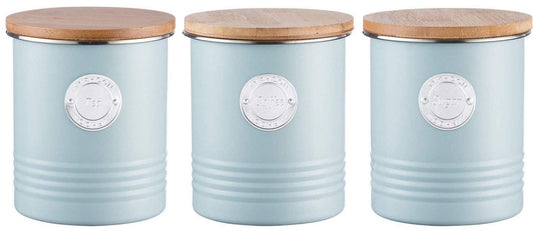 Typhoon Living Airtight Tea, Coffee and Sugar Storage Canister with Bamboo Lid, Set of 3, 1 Litre, Blue Tea, Coffee & Sugar - Set of 3