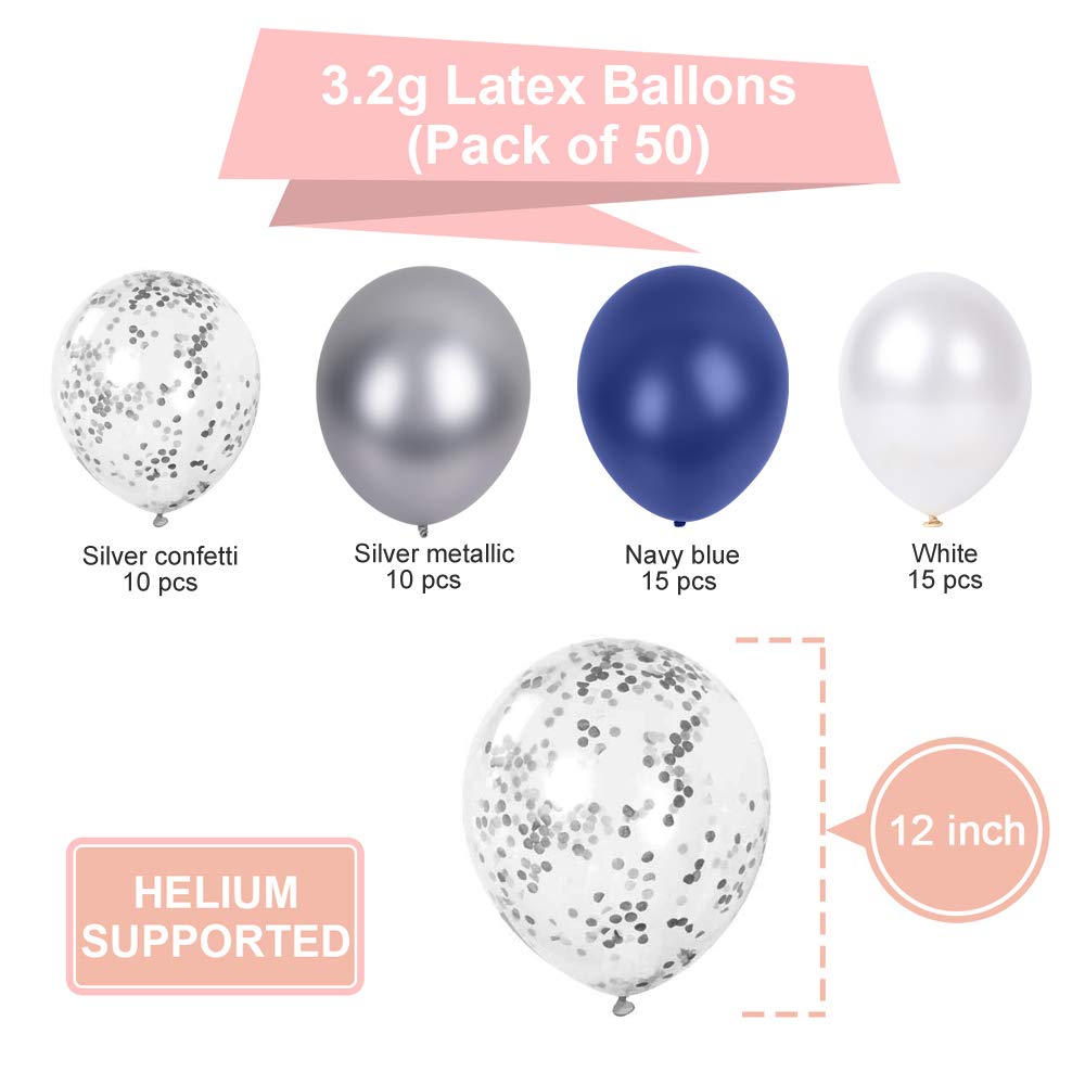 SKYIOL Navy Blue and Silver Balloons Dark Blue Silver Pearl White Helium Balloons Pack 50 Pcs 12 inch Confetti Metallic Latex Balloon for Boys Birthday Wedding Baby Shower Graduation Party Decoration Blue Pearl White Silver