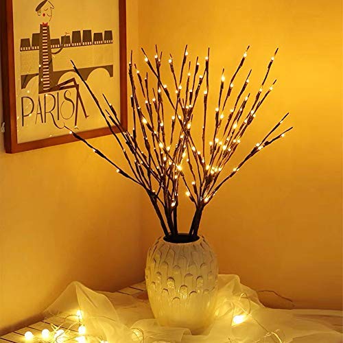 EAMBRITE 3PK 76cm Home Decorative Twig Lights Garden Stake Branch Lights with 60 Warm White LEDs Mains Powered Lighted Branches for Floor Vases Spring Xmas Decor Outdoor and Indoor Brown Wrapped Lighted Twig Stake