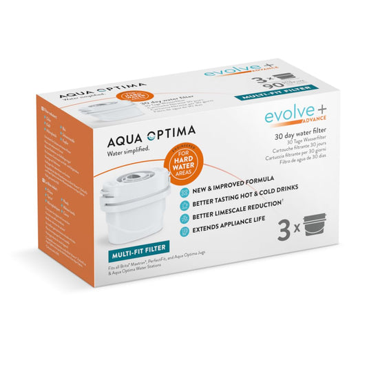 Aqua Optima Water Filter Cartridge, Evolve+ Advance, Engineered For Hard Water & Better Limescale Reduction, 3 Pack, 5 Stage Filtration System Reduces Chlorine & Other Impurities, Brita Compatible