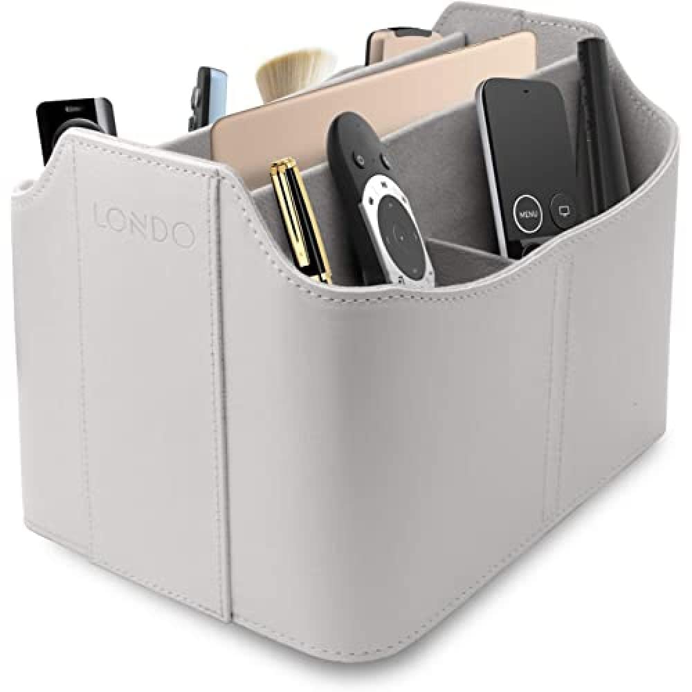 LONDO Leather Remote Control Organizer and Caddy with Tablet Slot White