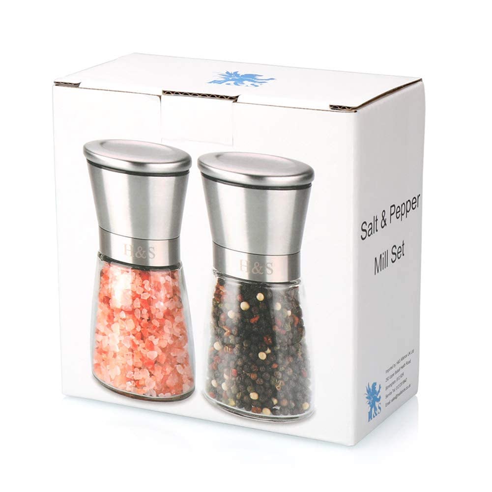 H&S Salt and Pepper Grinder Set - Manual Mill Grinders for Kitchen - Glass and Stainless Steel Spice Mills with Adjustable Coarseness - Easy to Use and Fill - Large Capacity