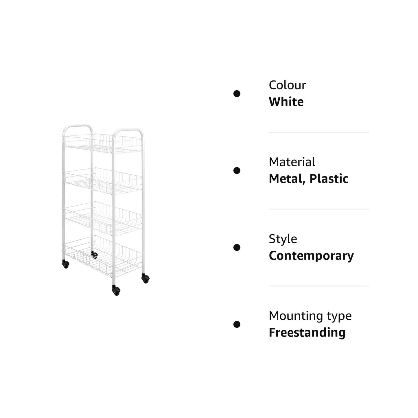 Metaltex Pisa 4-Tier Trolley with Wheels - Multipurpose Storage Cart for Home including Kitchen, Bathroom, Office and Garage – White, 41 x 23 x 84 Centimetres 41 x 23 x 84 cm