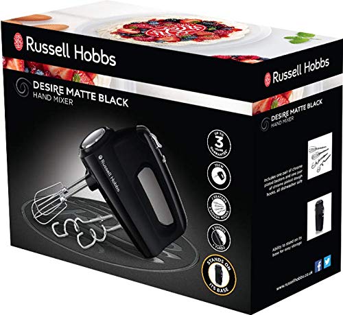 Russell Hobbs Desire Electric Hand Mixer with 5 speeds & turbo setting, 2 chrome plated beaters & 2 chrome plated dough hooks inc, all dishwasher safe, Easy release button, 350W, 24672 Matte Black Desire Electric Hand Whisk and Dough Mixer Single