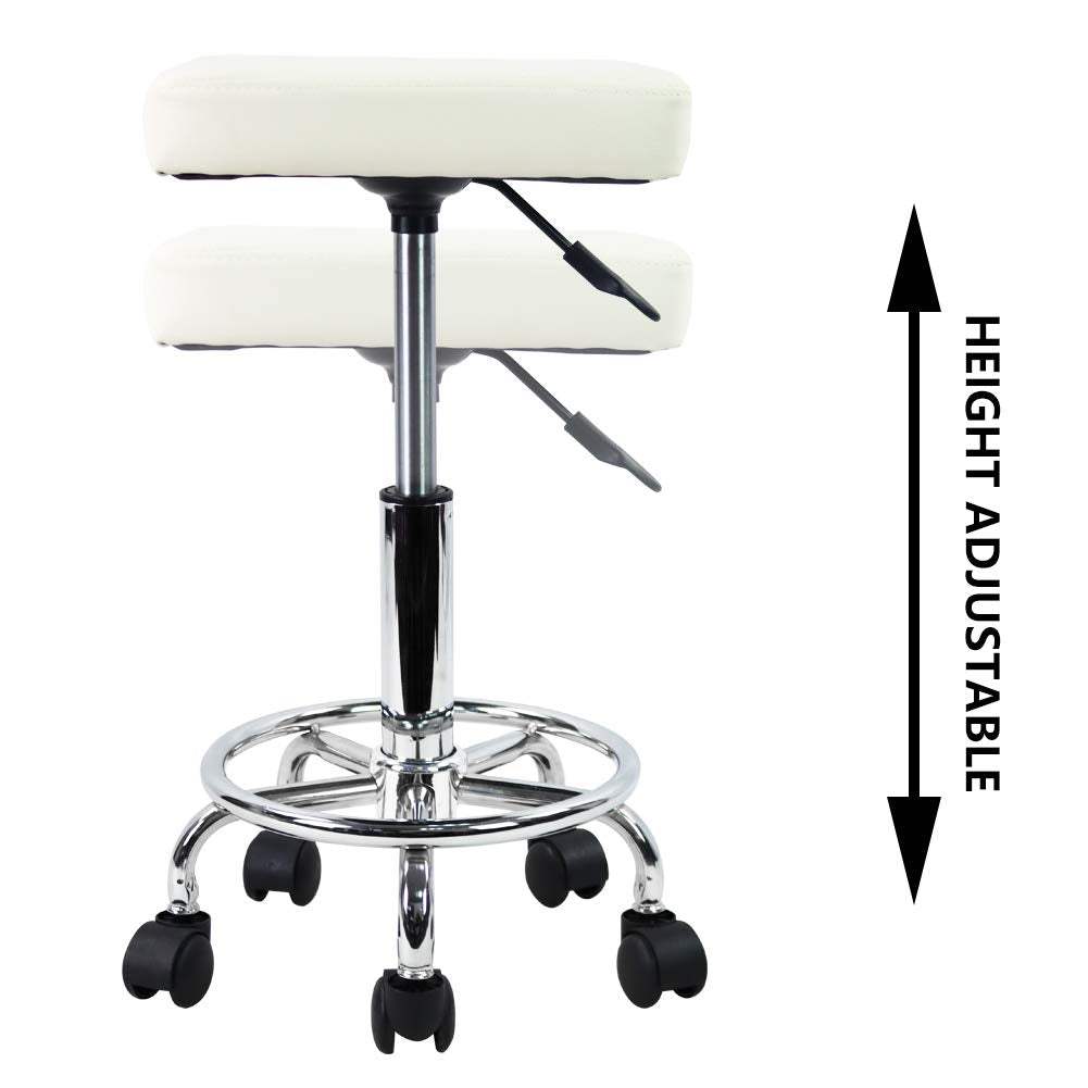 KKTONER Square Rolling Stool PU Leather Height Adjustable Swivel Massage SPA Salon Stools Task Chair with Wheels (White) White