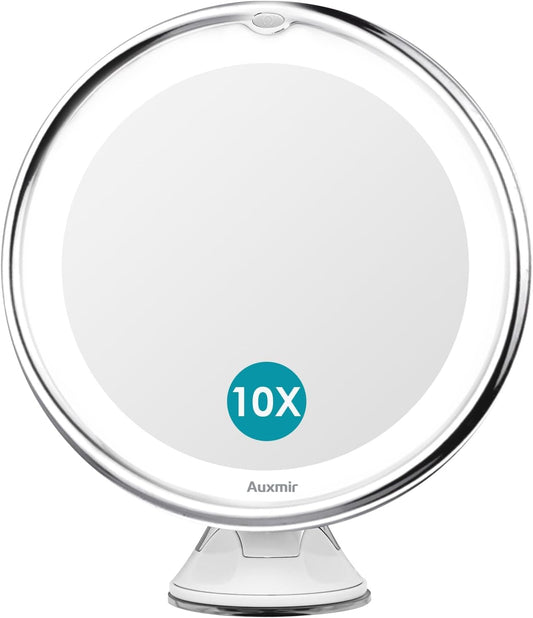 Auxmir Makeup Mirror, 10X Magnifying Lighted Mirror with 2 Adjustable Brightness, Daylight LED Vanity Mirror, 360° Rotating Illuminated Shaving Mirror with Locking Suction for Home, Bathroom