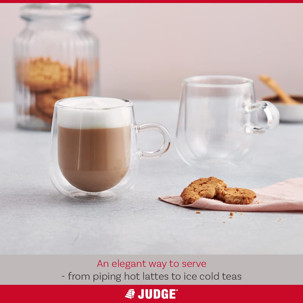 Judge Double Walled Glass Coffee Cups, Set of 2, 275ml - Vacuum Insulated, Handcrafted Artisan - Strong, Heat Resistant & Dishwasher Safe Single Set of 2 Latte Glasses