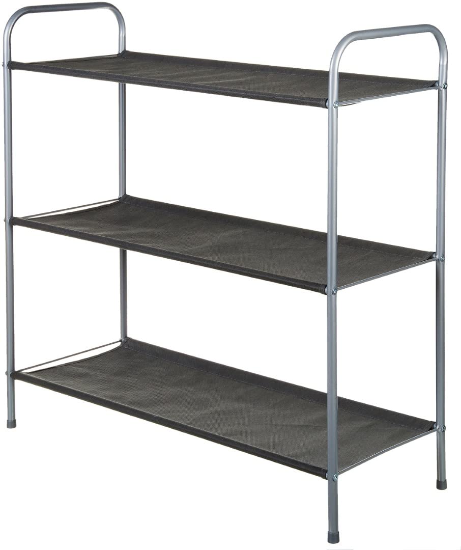 Amazon Basics Closet Storage Organiser Unit with Three Fabric Shelves and Two Collapsible Open-Top Bins, Gray, 83 x 31 x 78.7cm