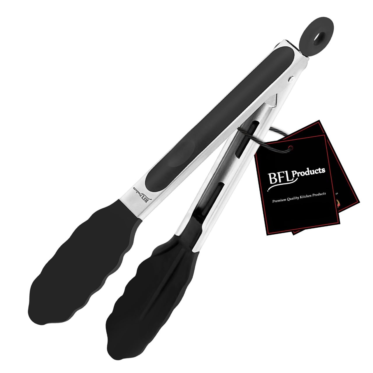 Kitchen Silicone Tongs 9 Inches | Stainless Steel Handle with Easy Grip and Smart Padlock System | Curved Silicone Tip for Strong Grip | Handy Tong for BBQ, Serving, Frying, and Cookin (Black). Black