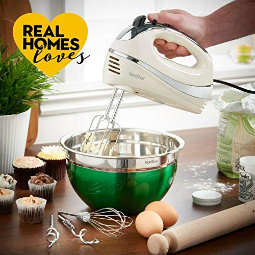 VonShef Professional 300W Hand Mixer, Cream, Includes Chrome Beaters, Dough Hooks, Balloon Whisk + 5 Speed with Turbo Button