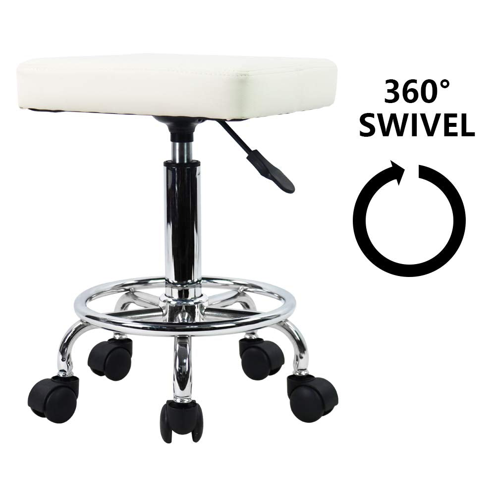 KKTONER Square Rolling Stool PU Leather Height Adjustable Swivel Massage SPA Salon Stools Task Chair with Wheels (White) White