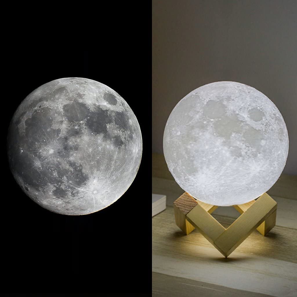 Methun 3D Moon Lamp with 5.9 Inch Wooden Base - Mother's Day LED Night Light, Mood Lighting with Touch Control Brightness for Home Décor, Bedroom, Gifts for Women Kids Birthday - White & Yellow 5.9 inches