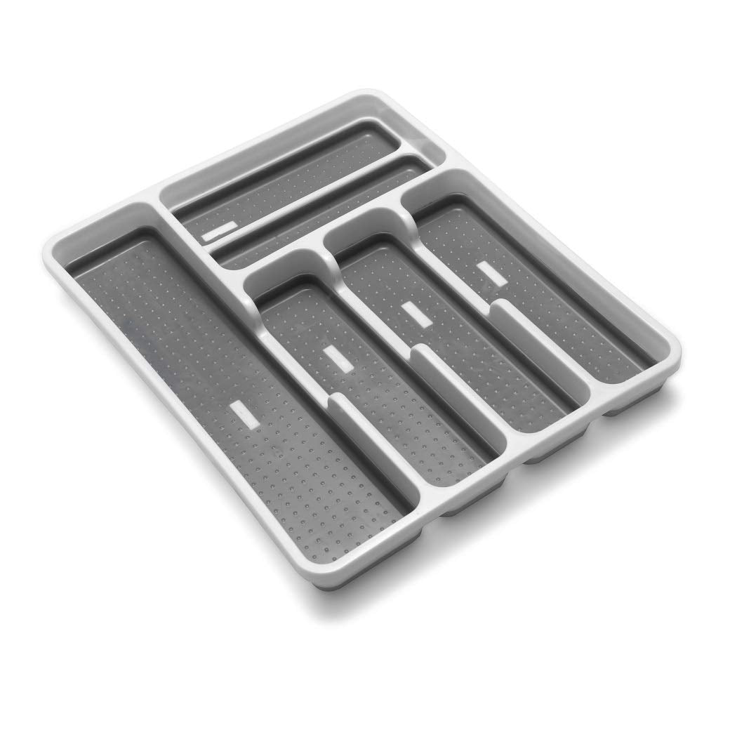 Addis Premium Soft touch 6 Compartment Cutlery Drawer Organiser Tray, White and Grey 6 Sections White Dark Grey Single