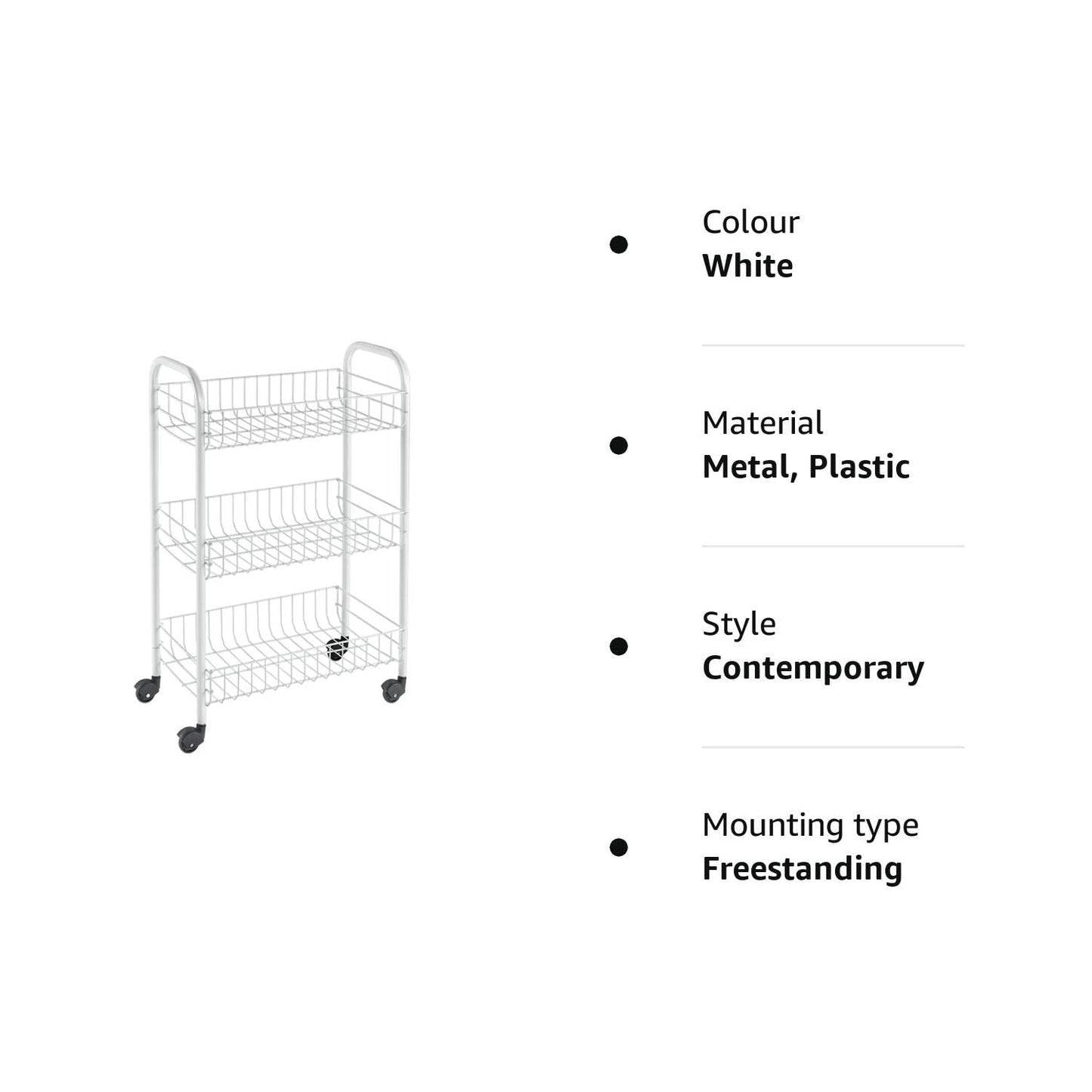 Metaltex Siena 3-Tier Trolley with Wheels - Multipurpose Storage Cart for Home including Kitchen, Bathroom, Office and Garage – White Metal, 400 grams 23 x 41 x 63 cm