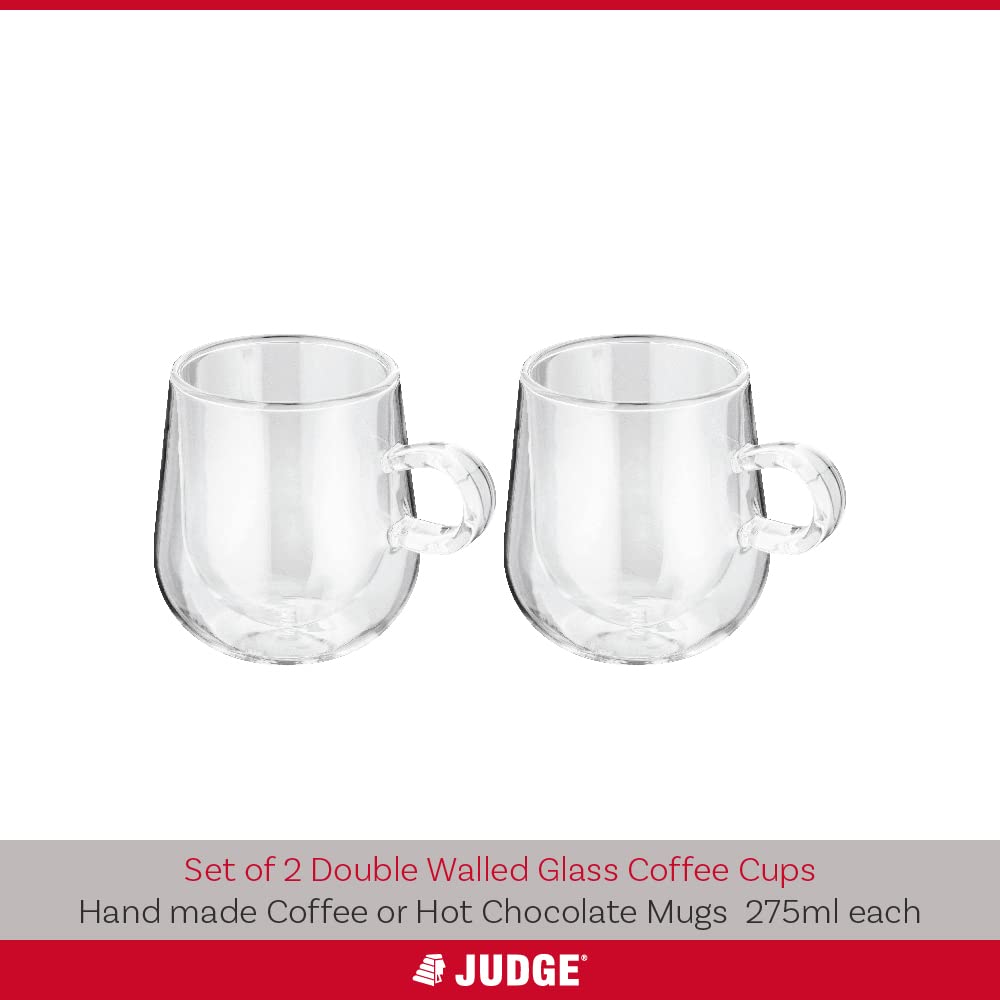 Judge Double Walled Glass Coffee Cups, Set of 2, 275ml - Vacuum Insulated, Handcrafted Artisan - Strong, Heat Resistant & Dishwasher Safe Single Set of 2 Latte Glasses