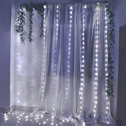 300 LED Curtain Lights, USB Plug in Window Lights, 3m x 3m 8 Modes Remote Control Fairy Light Waterproof LED Copper String Lights for Outdoor Indoor Wedding Party Garden Bedroom Decoration, Cool White