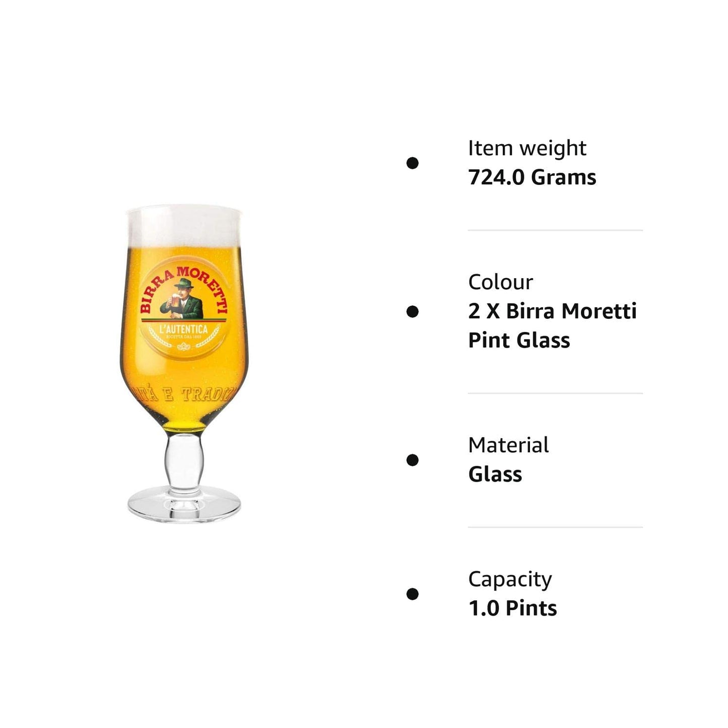 2 x Birra Moretti Pint Glass, 1 pints