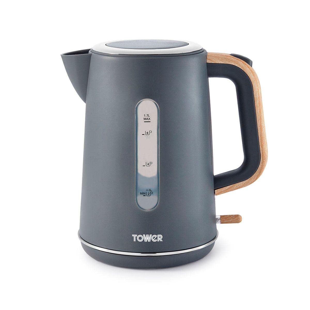 Tower Scandi T10037G Hard Plastic Kettle with Rapid Boil and Boil Dry Protection, 1.7L, 3kW, Grey with Wood Accents