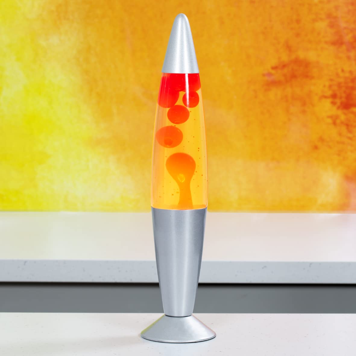 Global Gizmos 48850 16" Red & Yellow Lava Lamp / Silver Base / Retro Nostalgia / Relaxing Mood Light / Decorative Illumination Yellow Liquid & Red Lava