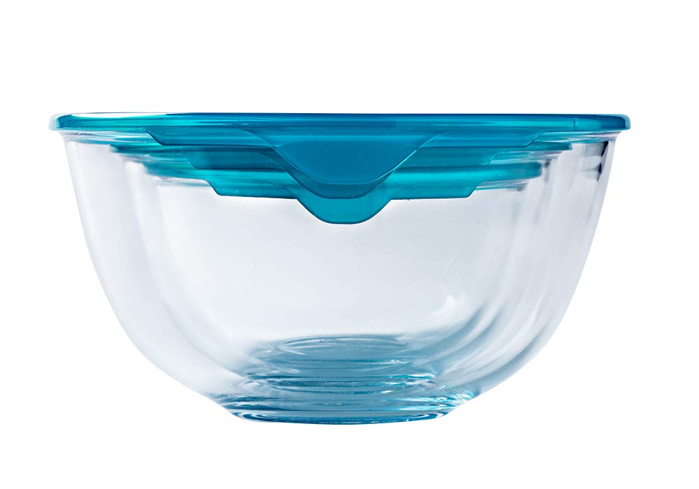 Pyrex - Set of 3 Resistant Glass Mixing/Salad Bowls with lids - 0.5L - 1L - 2L - Made in France With Lid