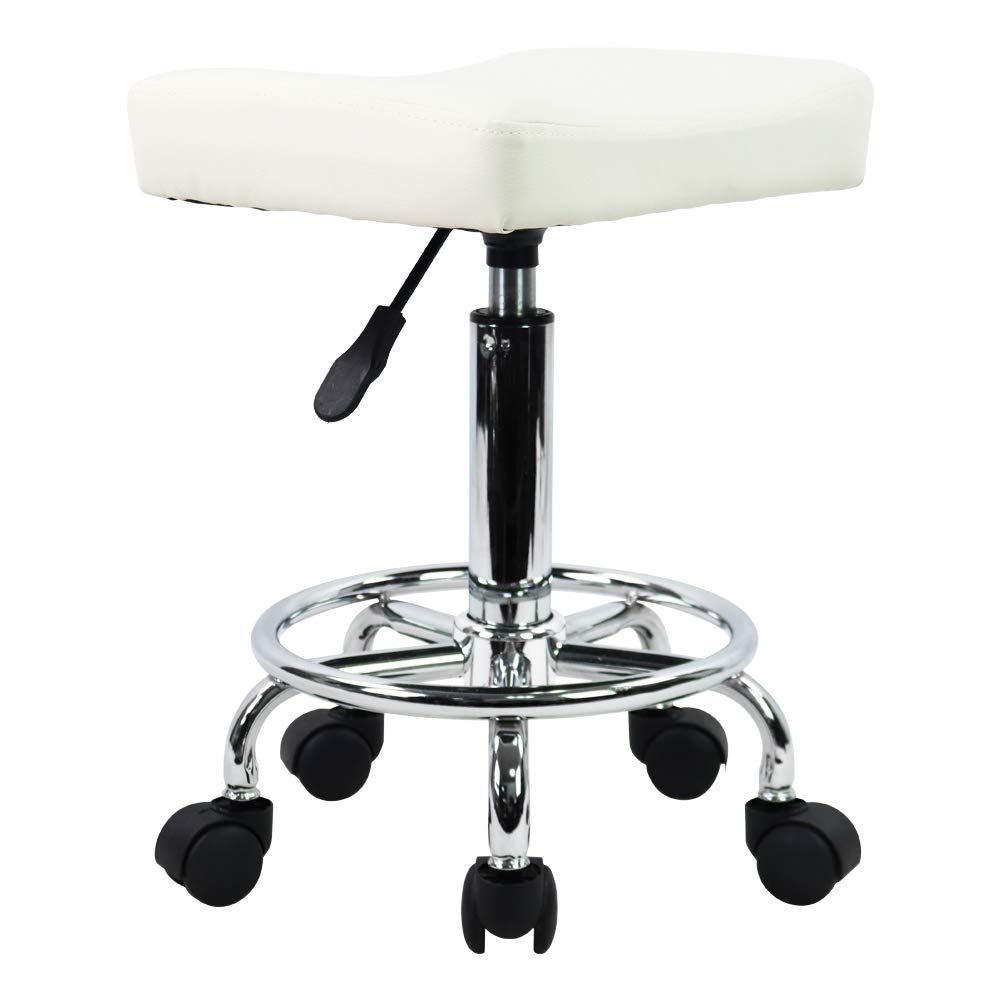 KKTONER Square Rolling Stool PU Leather Height Adjustable Swivel Massage SPA Salon Stools Task Chair with Wheels (White) White