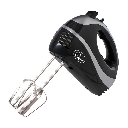 Quest 35810 Electric Hand Mixer / Complete With Chrome Beaters, Dough Hooks & Balloon Whisk / 5 Speed With Turbo Function / 300W / Black Colour Black/Silver