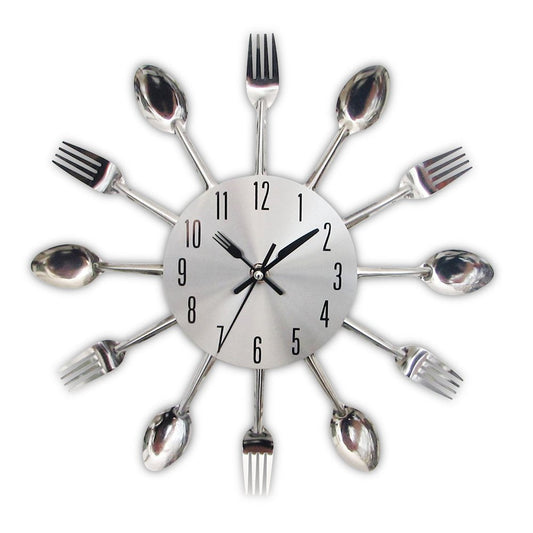 Timelike 3D Removable Modern Creative Cutlery Kitchen Spoon Fork Wall Clock Mirror Wall Decal Wall Sticker Room Home Decoration Silver