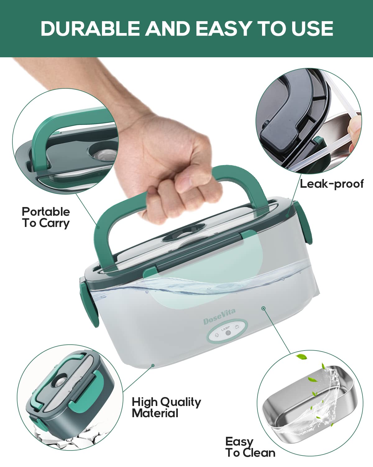 Dosevita Electric Lunch Box 80W Faster Heated Lunch Box Portable Food Warmer for Car Home with Removable 304 Stainless Steel Container Spoon & Fork and Carry Bag (Grey+Green) Grey+green