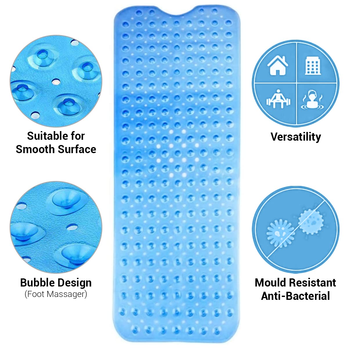 ADOV Bath Mat Non Slip, Anti-Bacterial Bathtub Shower Safety Anti Mould Mats, 200 Strong Suction Cups and Drain Holes, 100 x 40 cm Extra Long Mildew Resistant Machine Washable Bathroom Kids Mat-Blue Blue