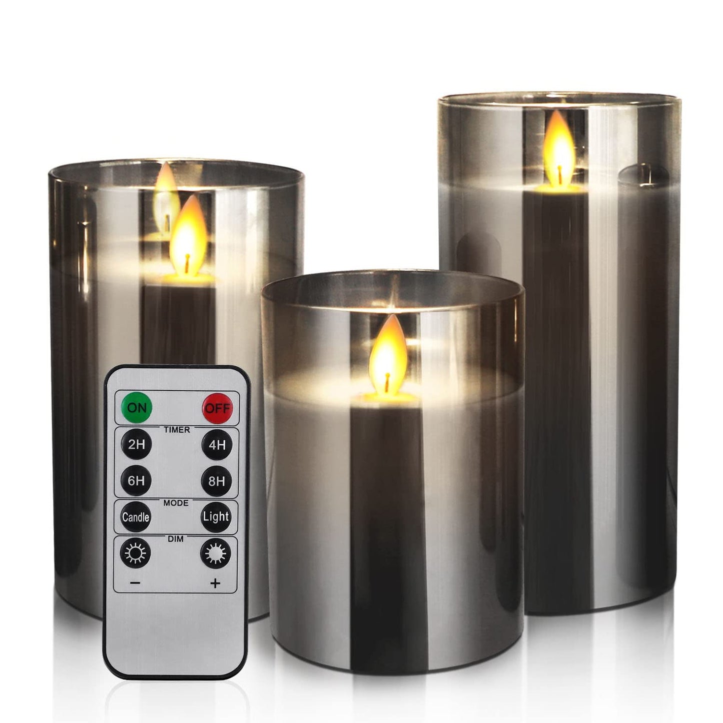 LED Candles Flameless Candles 4" 5" 6" Set of 3 Real Wax Light, Battery Operated Candles Gray Glass Pillars Realistic Flickering Wick Flame Mode, Lantern Candles with Remote Control 24 Hour Timer Grey