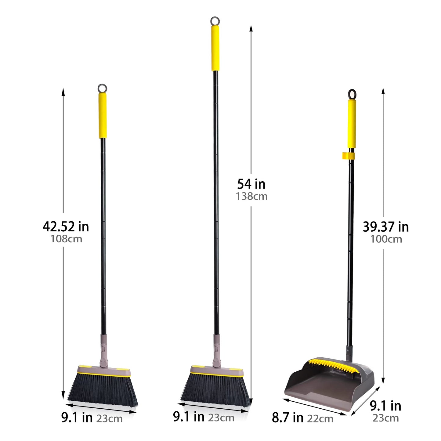 JEHONN Dustpan and Brush Set with 138 CM Long Handle, Tall Sweeping Broom with 180 Degree Swivel Head, Unique Garden Dust Pan with Comb Teeth for Indoor Outdoor Home Lobby Kitchen Office Room Brown Yellow