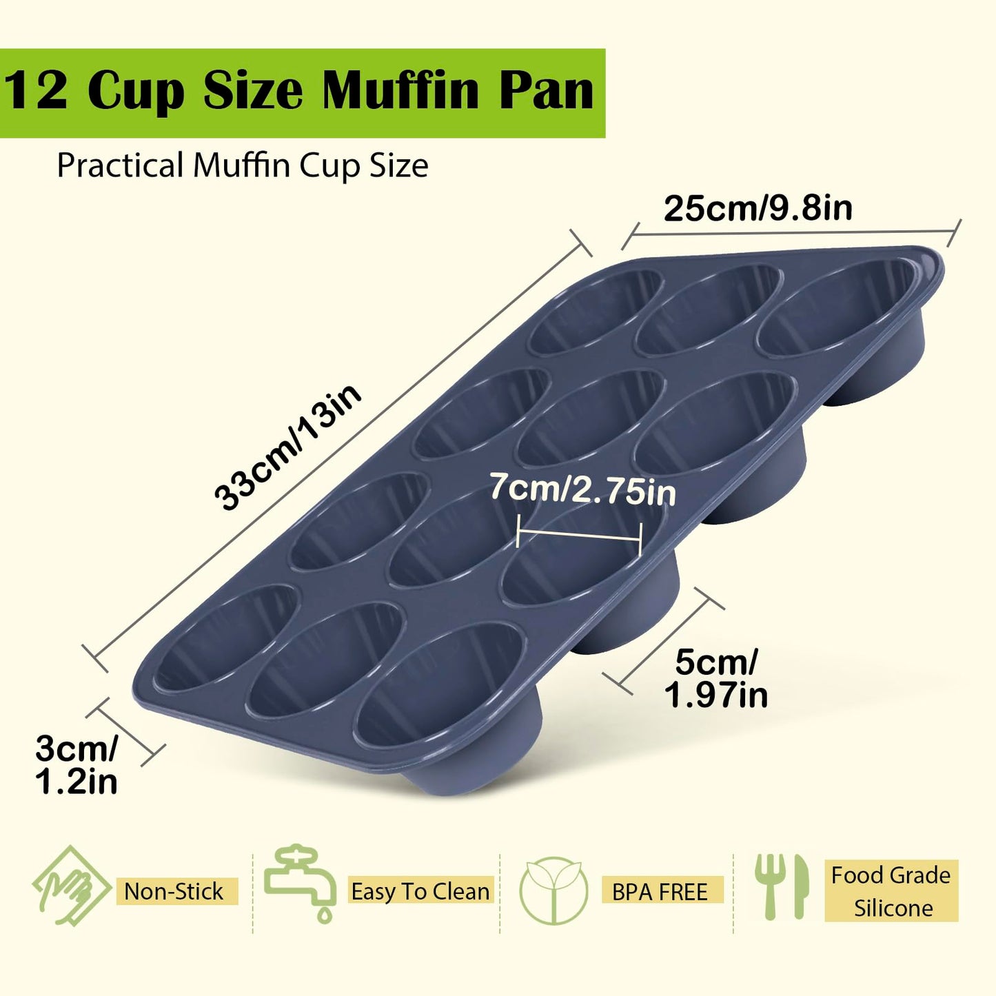 SUPER KITCHEN Set of 2 Large Muffin Tray 12 Cup Silicone Muffin Pan, Non-Stick Muffin Cupcake Tin, Baking Mould for Muffins or Cupcakes, Bakeware 33 x 25 x 3 cm (Grey) Grey 2 Pack Muffin Trays