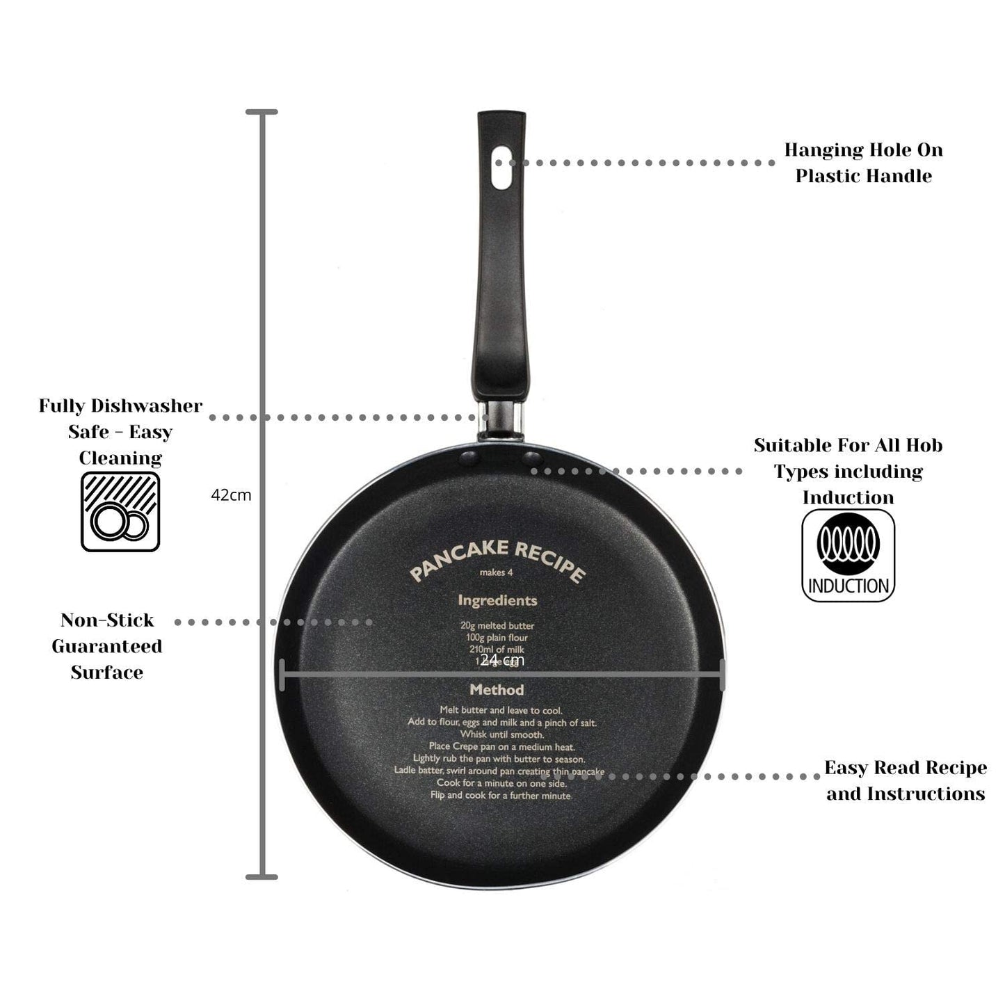 Premier Cookware Essentials Pancake Pan - Guaranteed Non-Stick Crepe Pan with Recipe – Induction Suitable – 24cm - Grey