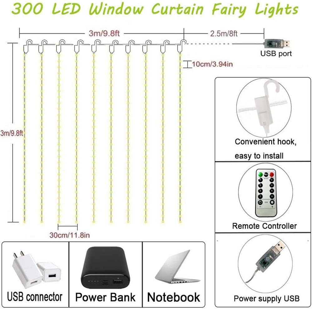 300 LED Curtain Lights, USB Plug in Window Lights, 3m x 3m 8 Modes Remote Control Fairy Light Waterproof LED Copper String Lights for Outdoor Indoor Wedding Party Garden Bedroom Decoration, Cool White