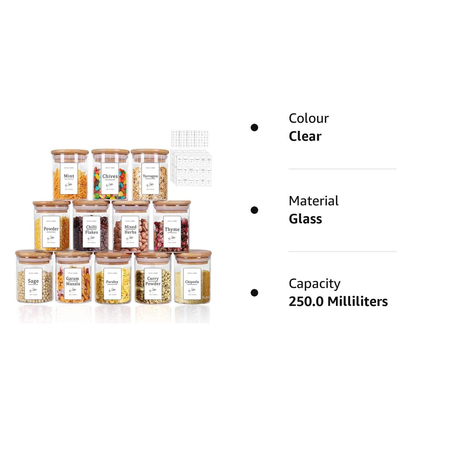 Yibaodan Glass Jars Set 330ml with 180 White Labels, 12 Set Spice Jars with Bamboo Lids Airtight Small Food Storage Canister for Home Kitchen Tea Herbs Coffee Flour Herbs Grains 12Pack with White Labels